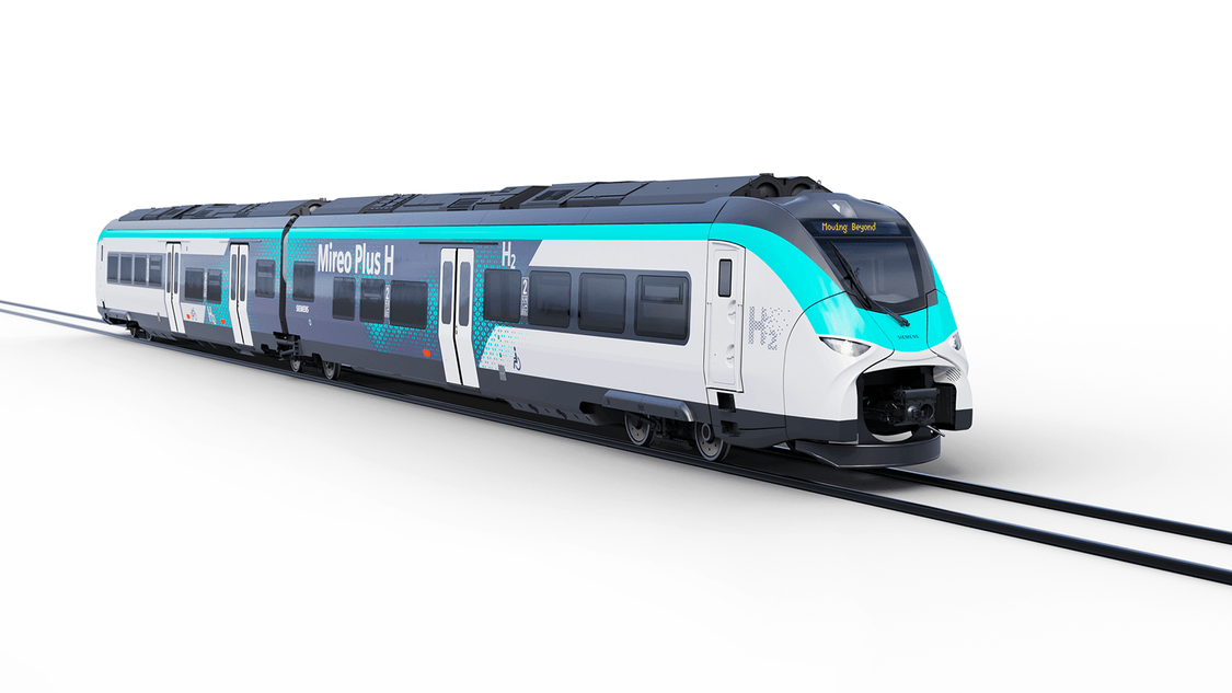 Bild des Wasserstoffzugs von Siemens Mobility Mireo Plus H vor weißem Hintergrund
