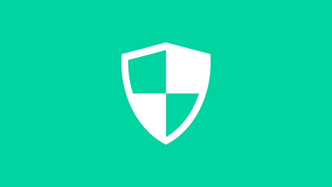 Security icon: A white protective shield is visible against a turquoise background.