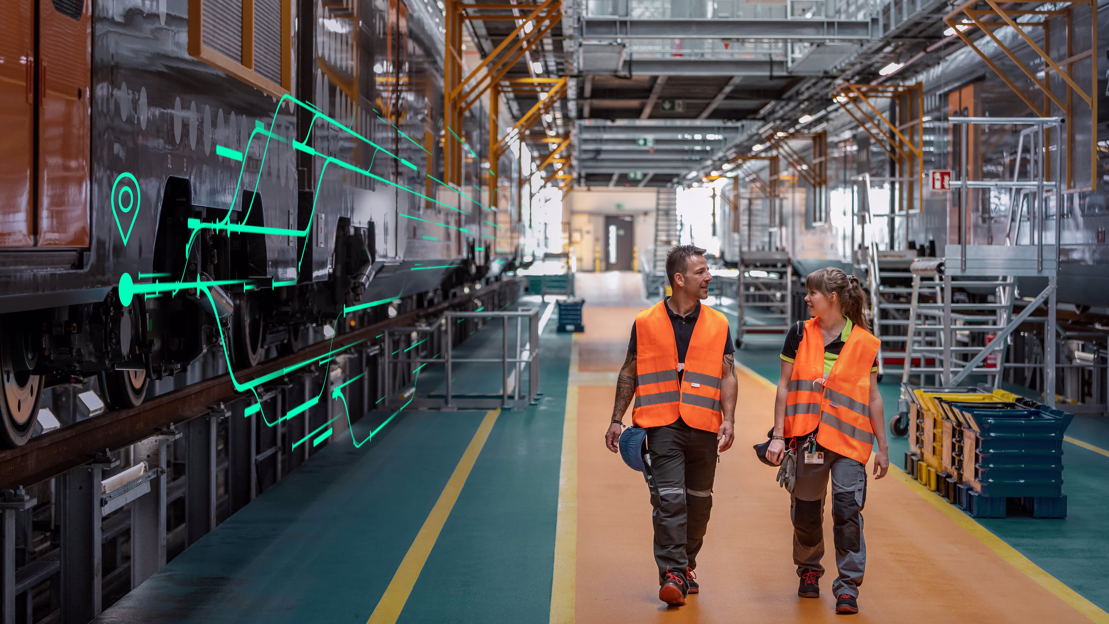 Woman and man walk through the depot Depot solutions and workshop equipment