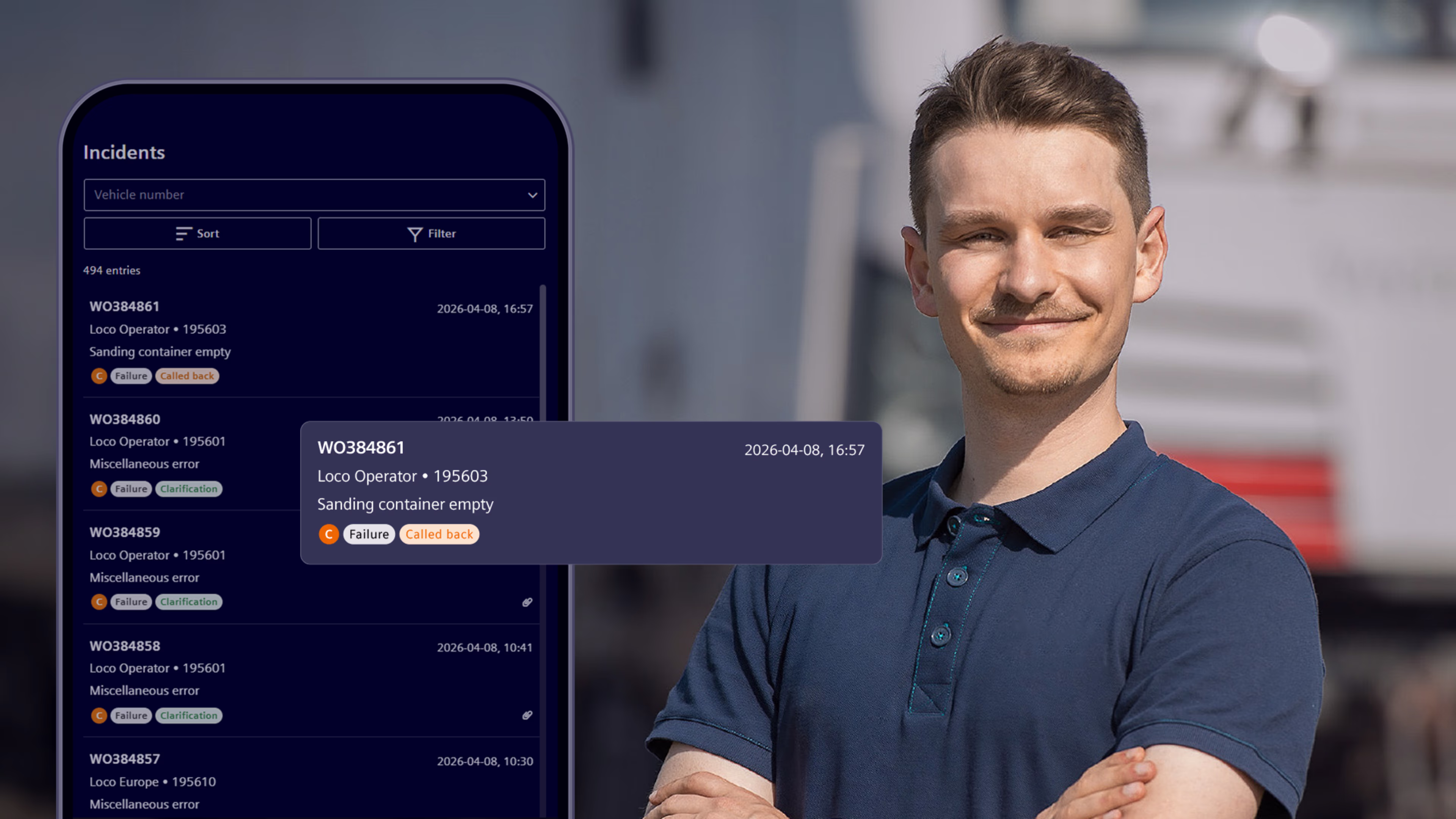 Ein Mann hat die Arme verschränkt und lächelt in die Kamera. Neben ihm sind Screenshots aus einer App zu sehen. Siemens Mobility Vectron X Product Bundle Maintenance Alignment