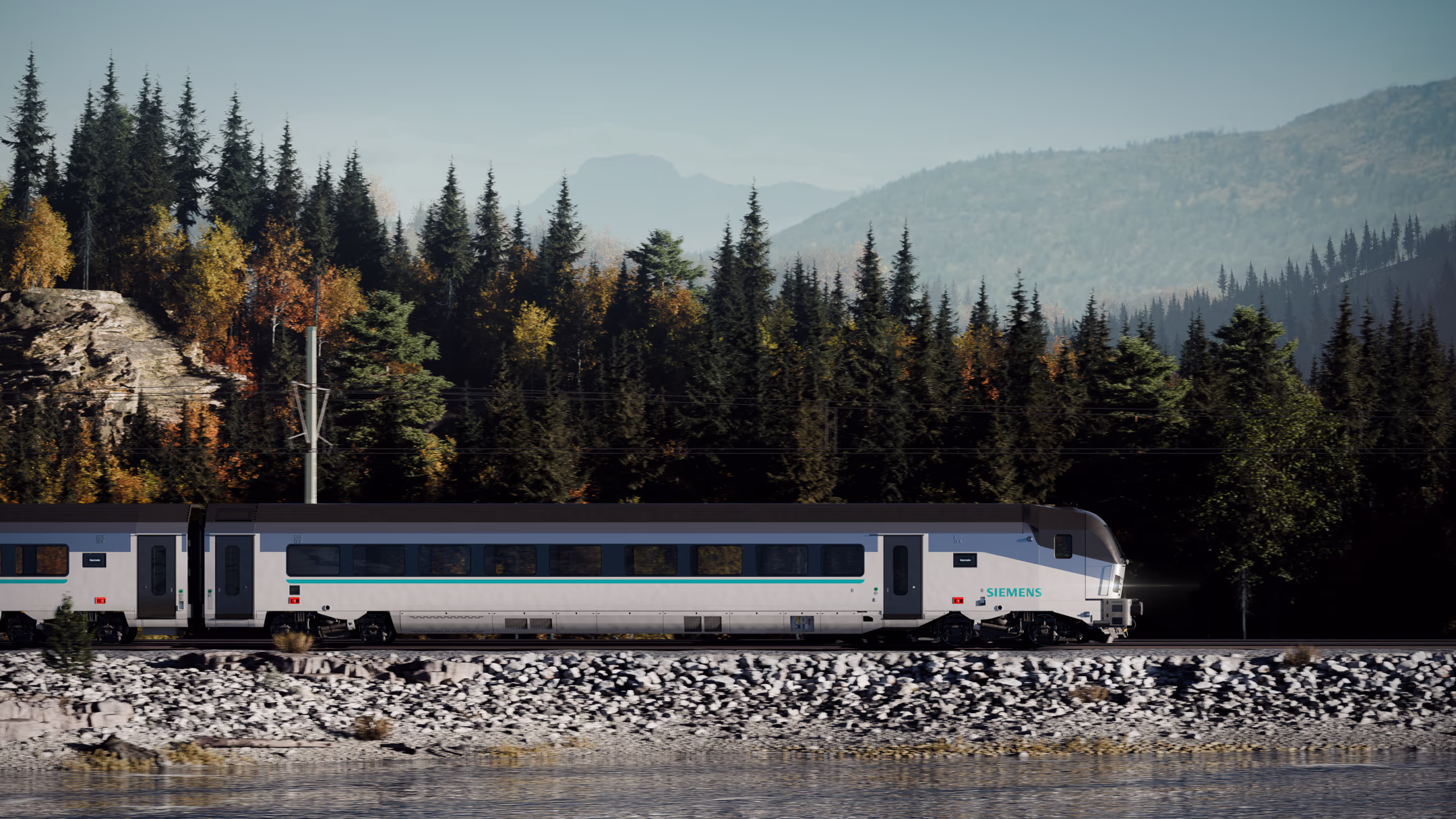 A rendering of a second-class Vectouro passenger coach on the rails vectouro-passenger-coach