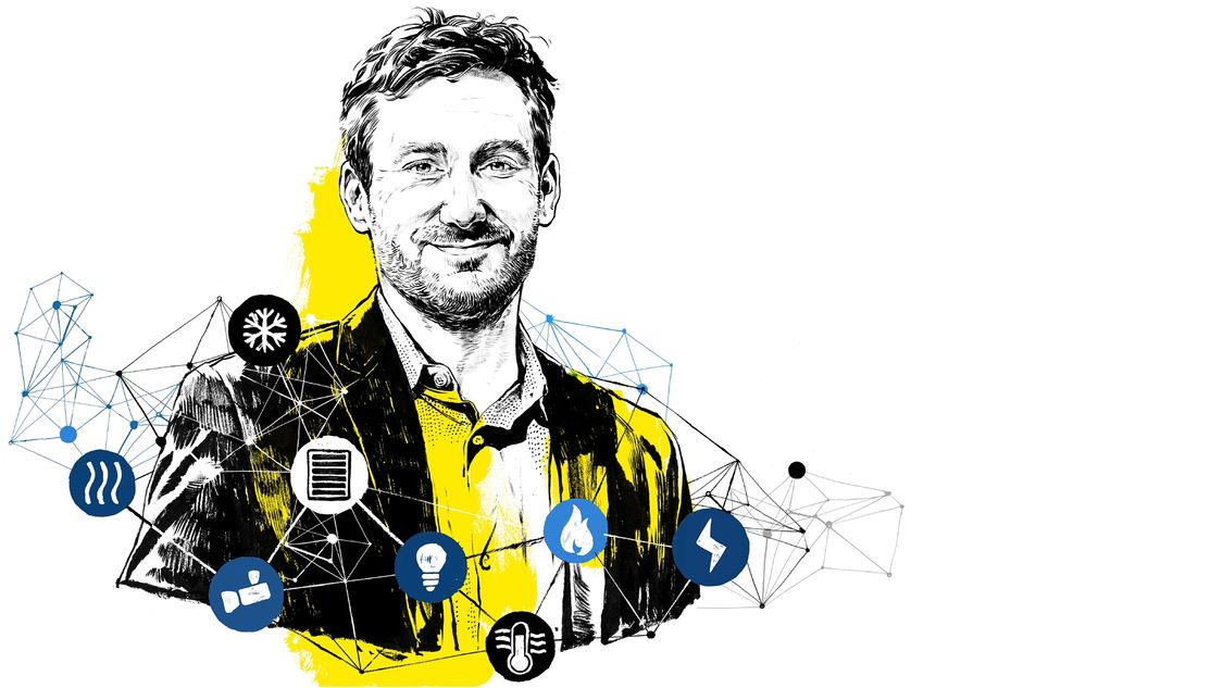  ilustração em preto e amarelo do rosto de Jeff Merritt especialista em Internet das Coisas