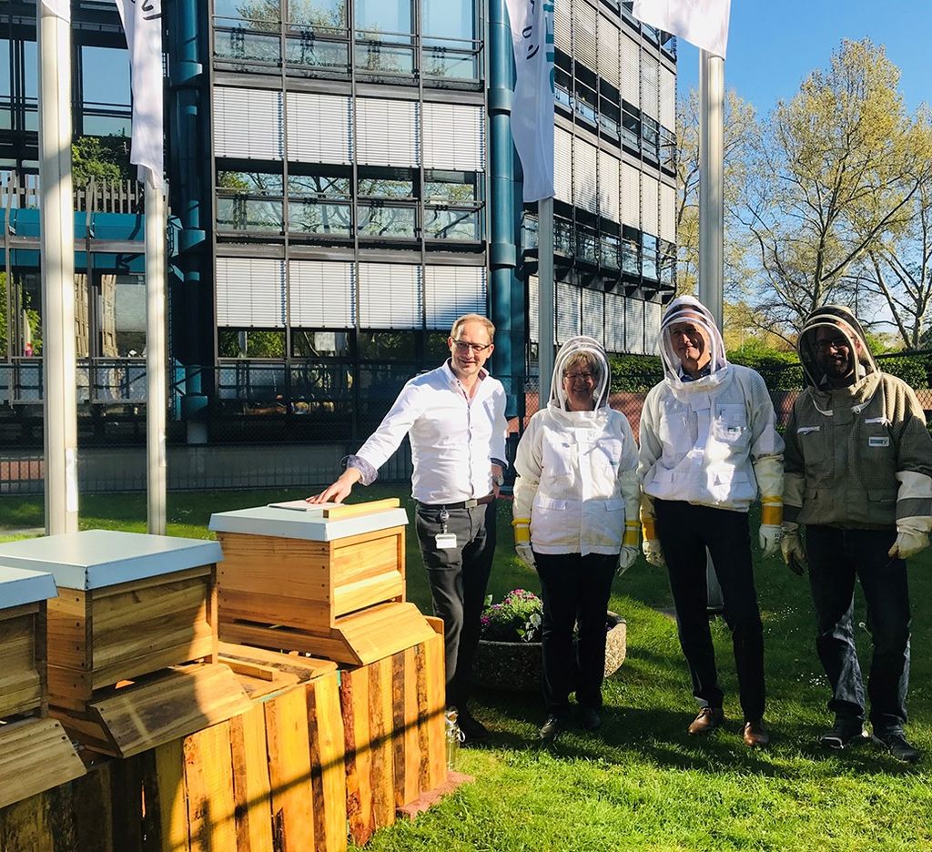 Bürgermeisterin Kubala und Siemens-Mitarbeiter stehen an den Bienenstöcken