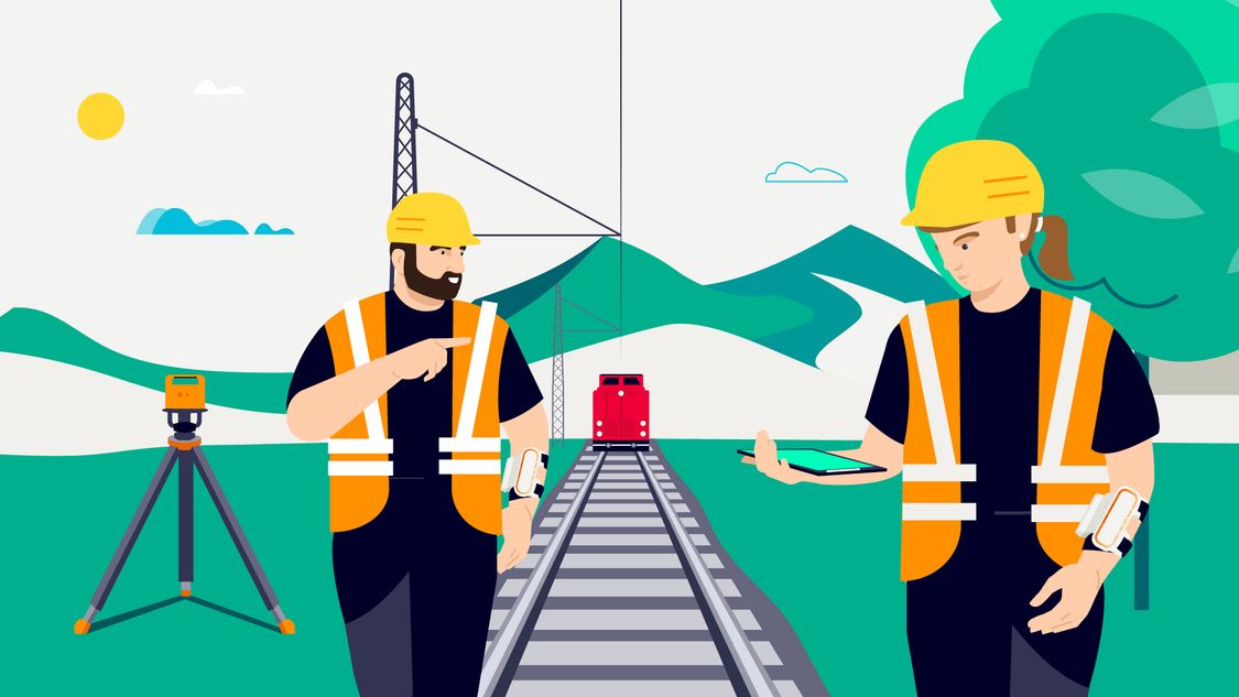 Graphic of trackworkers and train arriving.