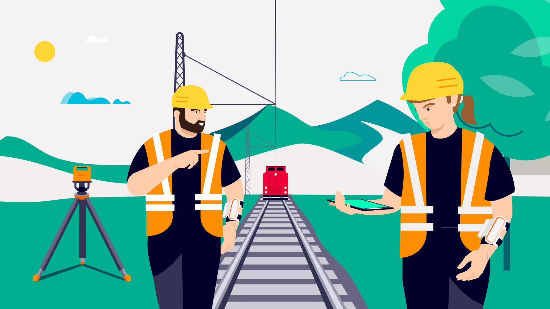 Graphic of trackworkers and train arriving. Siemens Mobility Controlguide SPCS