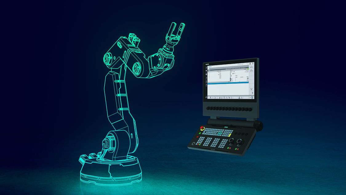 Keyvisual CNC-Robotics, Zeigt eine Grafik des digitalen Zwillings eines Roboters vor einer realen SINUMERIK CNC