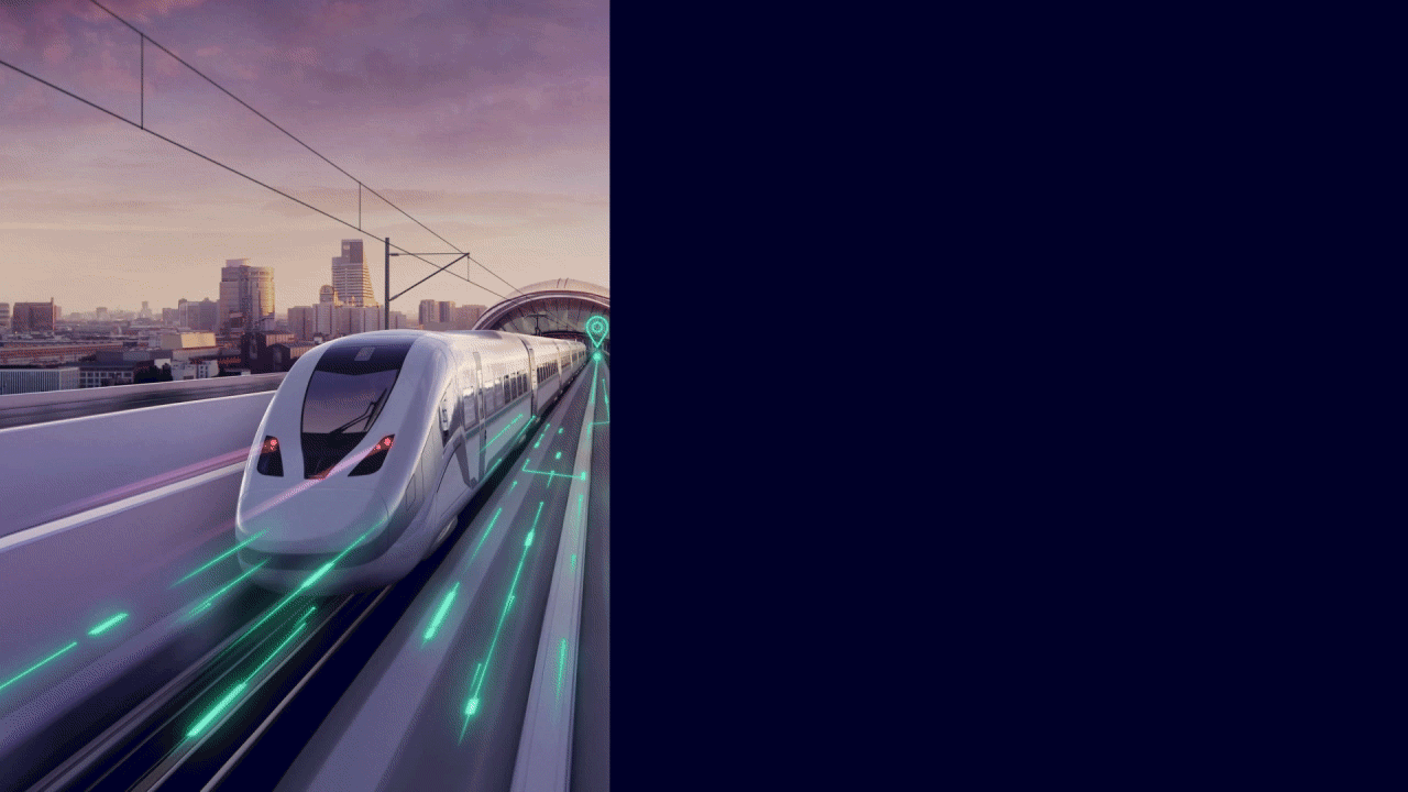 Velaro train with animated text: The future of rail has arrived - Destination Digital with Operations Intelligence at InnoTrans 22