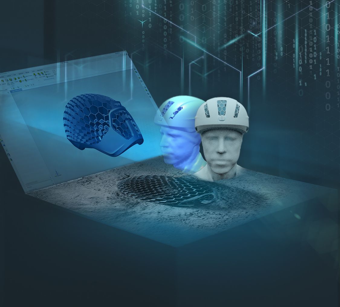 Using the customer’s “virtual head” made up of 30,000 data points, HEXR manufactures custom bicycle helmets on a 3D printer (montage: Siemens)