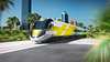 Brightline train engine moving through Miami