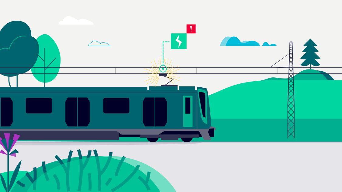 Graphic of train with pantograph and catenary cables. 