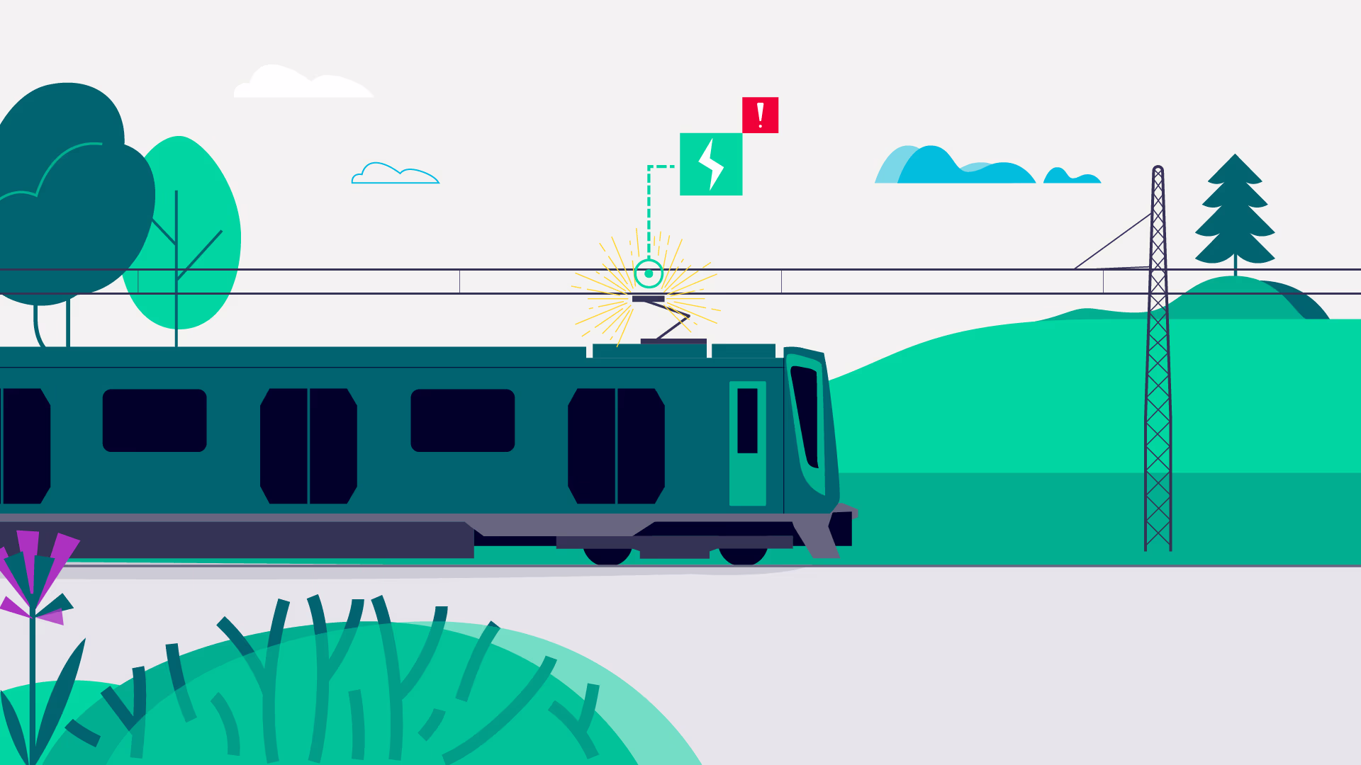 Graphic of train with pantograph and catenary cables. Siemens Mobility RailXplore Arc Analyzer