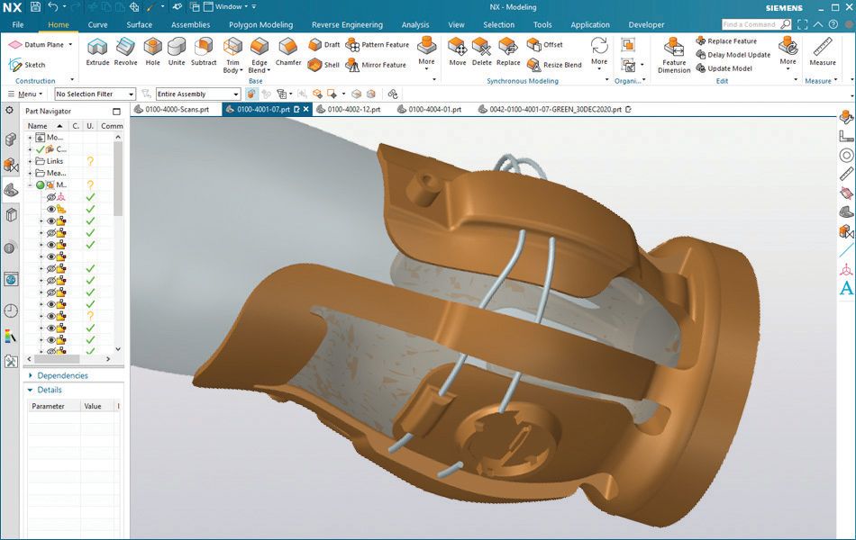 Screenshot eines CAD/CAM-Systems mit futuristischem, fein filigranem Bauteil aus mehreren Materialien