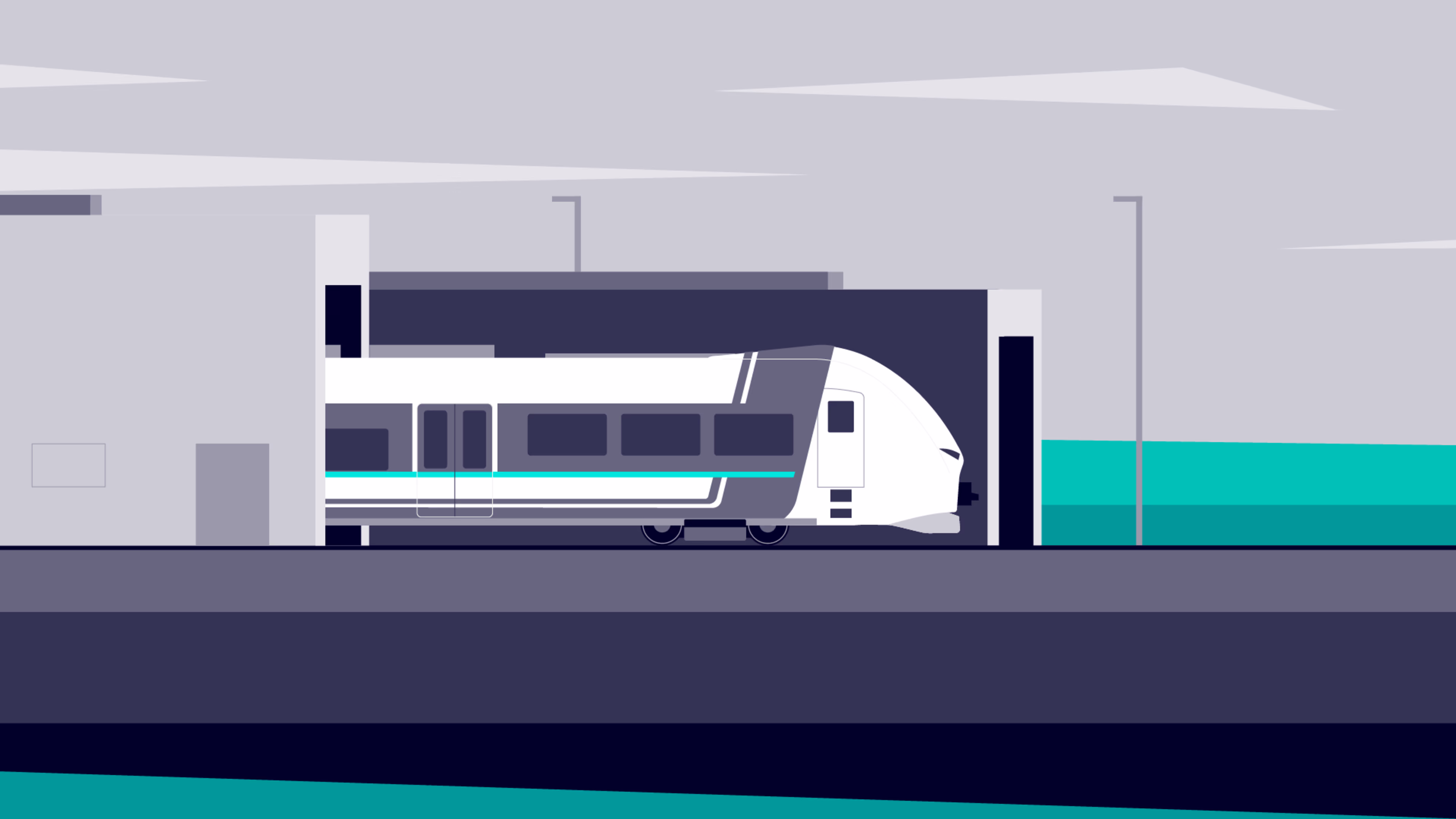 Graphic with fully automated train standing in the stabling area. AutomatedTrain Stabling area