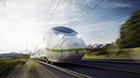 Picture of the Velaro MS from Siemens Mobility in a slight diagonal view driving through a green landscape; mountains can be seen in the background.
