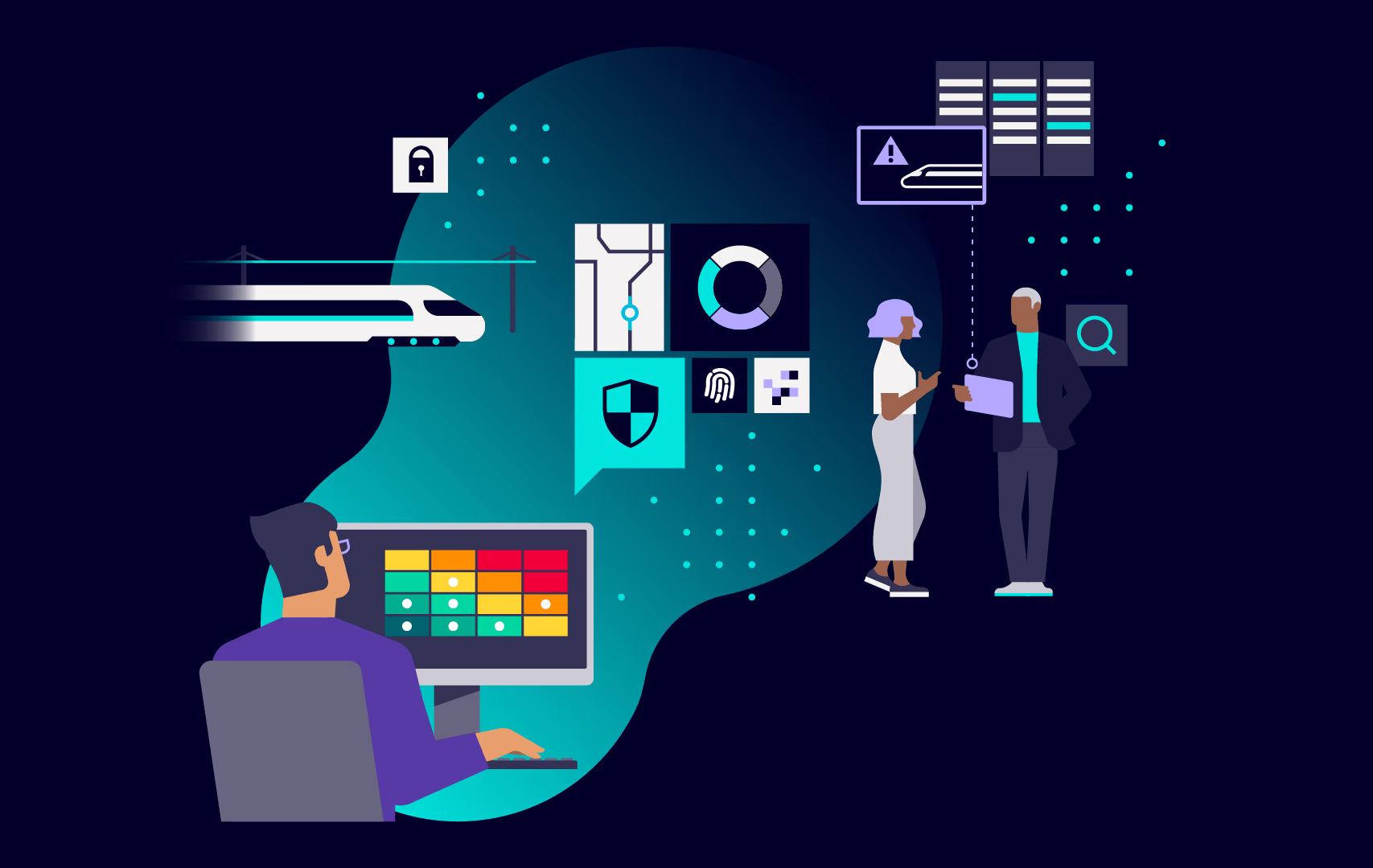 An illustration showing a man in front a screen with cybersecurity alerts. In the upper left corner, a train is shown coming in, on the right, a man and a woman are discussing cybersecurity topics while looking at a tablet. mobility-cybersecurity-standards-keyvisual