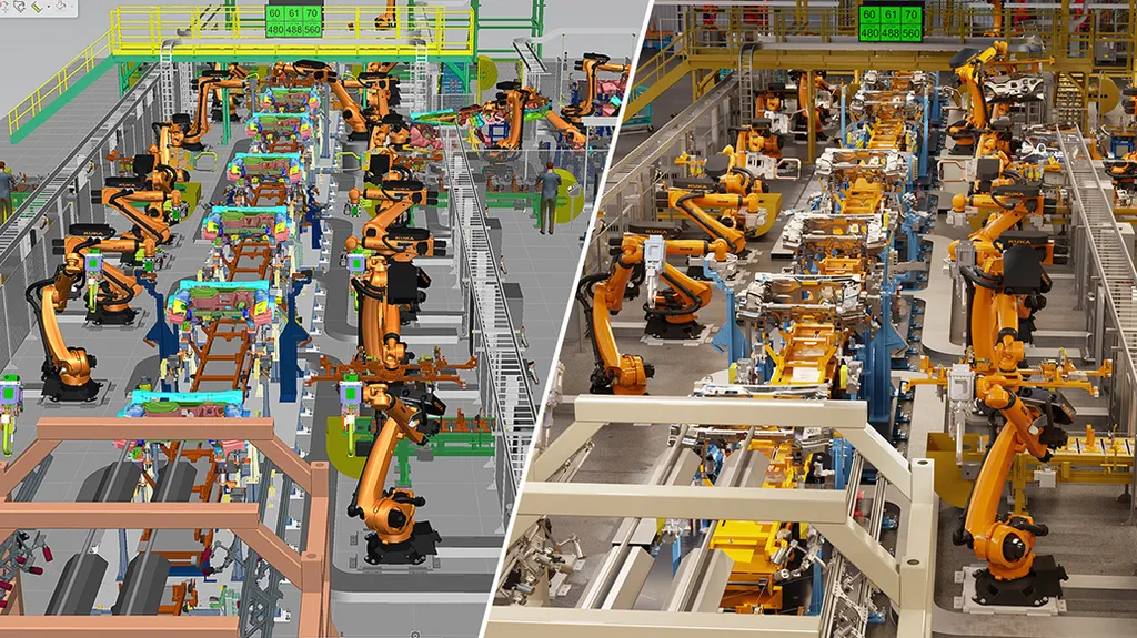 La solution de simulation de processus Process Simulate de Siemens (à gauche) se connecte à NVIDIA Omniverse (à droite) pour créer un jumeau numérique en temps réel, photoréaliste et de conception haute-fidélité.