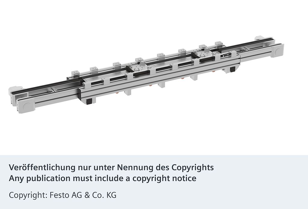 Das Bild zeigt ein linearmotorisches Antriebs- und Steuerungskonzept, bei dem das Multi-Carrier-System von Siemens und Festo in das Rexroth Transfersystem TS 2plus integriert wird.