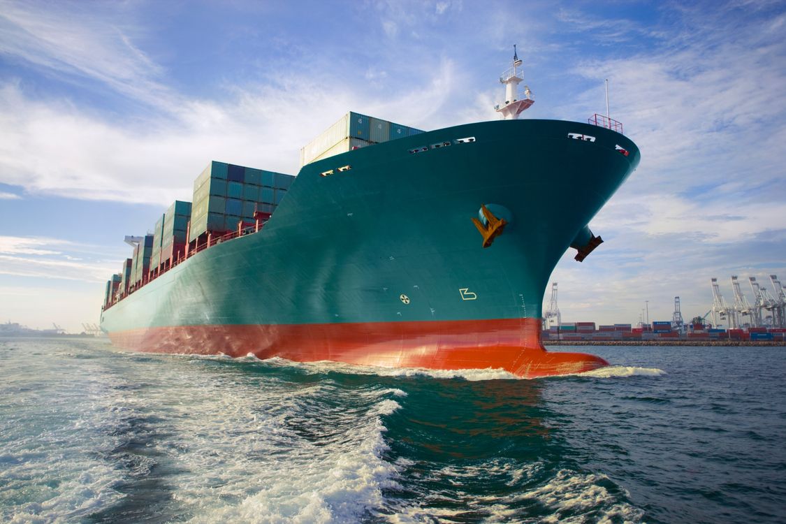 Bow view of a loaded container ship