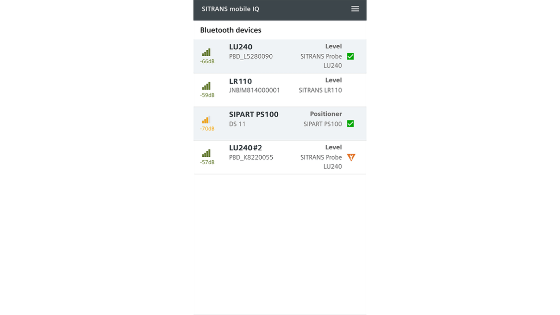 Screenshot SITRANS mobile IQ - Device list