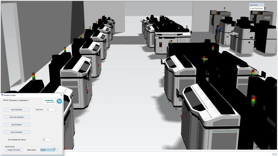 Mit Tecnomatix lässt sich ermitteln, wie viele Drucker wie in der Fabrik positioniert und von wie vielen Bedienern sie bedient werden sollten, um die gewünschte Stückzahl produzieren zu können (Copyright: Siemens)