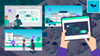 Illustration showing people discussing sustainable energy solutions and ESG concepts, with tablet and diagrams.