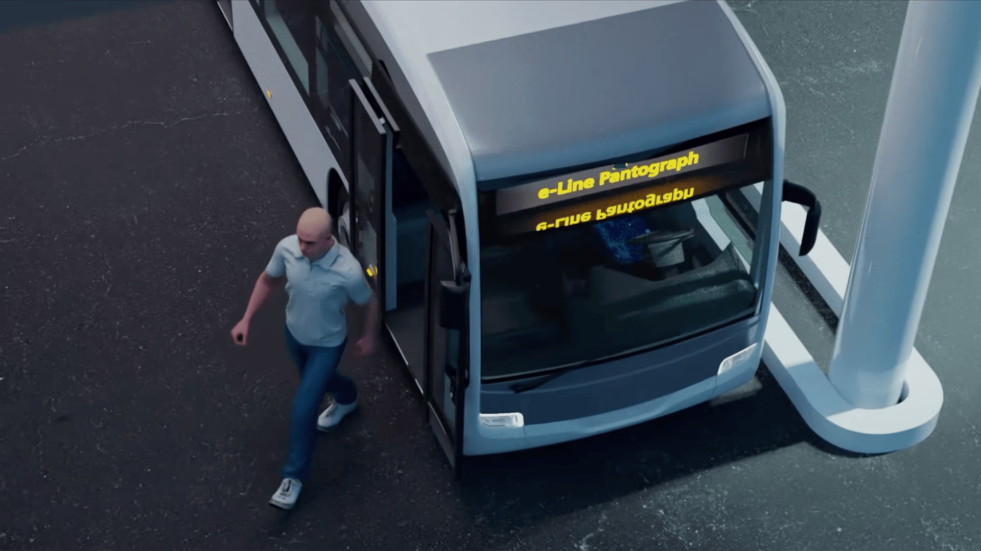 a bus driver leaving his parked bus, ready for fully automatic charging