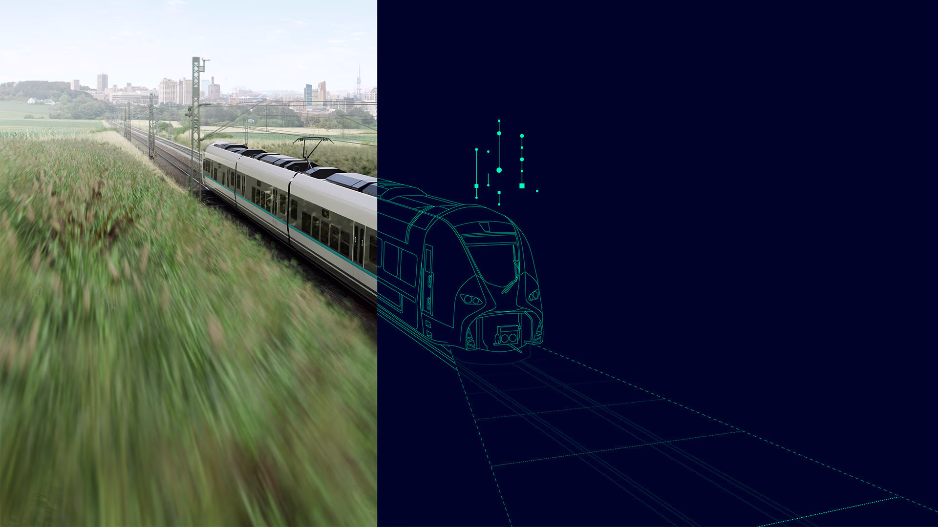 Train travels through a landscape and is digitally displayed in a split screen. AutomatedTrain