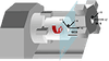 Schematic of a turning machine with the machine coordinates X, Z and C, as well as the workpiece coordinate system with X, Y and Z axes rotating with the clamped workpiece.