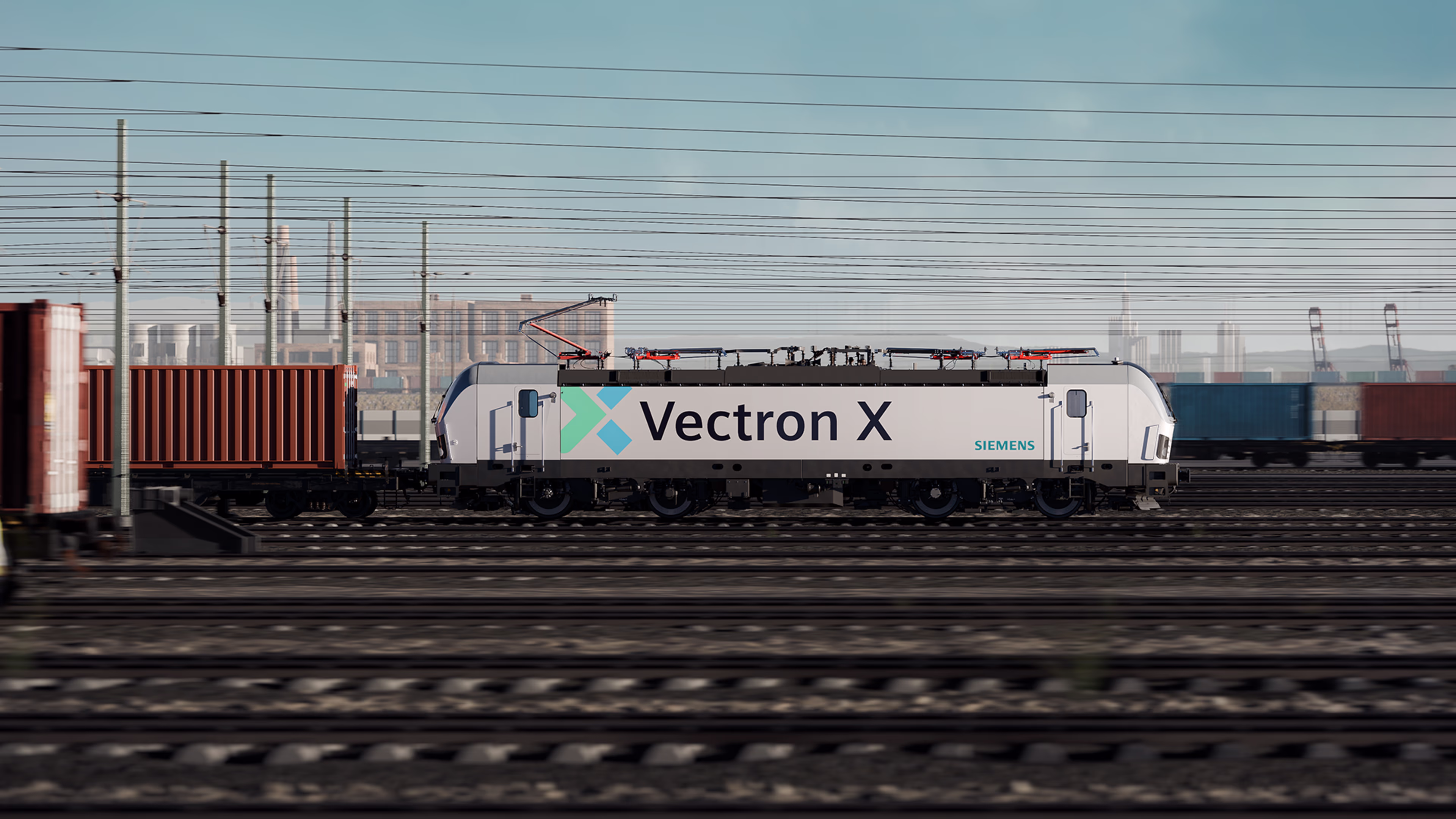 Eine Seitenansicht von Vectron X AC/DC/MS. Um die Lokomotive herum sind Gleise und Fahrdrähte zu sehen. Siemens Mobility Vectron X AC/DC/MS