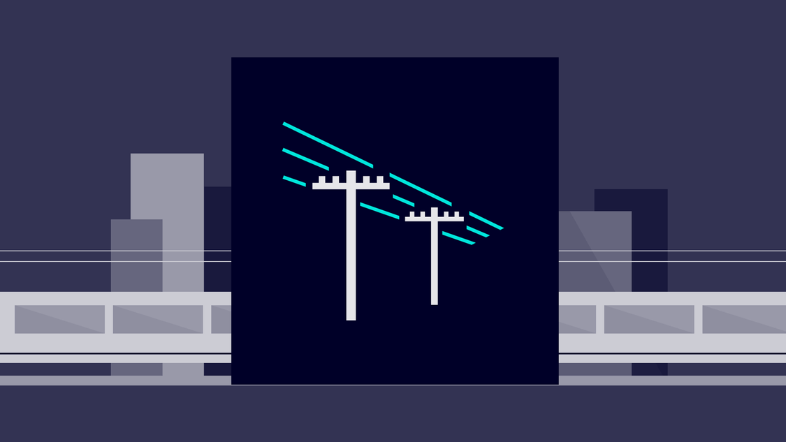 A graphic showing two power poles with three stylized power cables in front of a metro line driving along modern buildings.