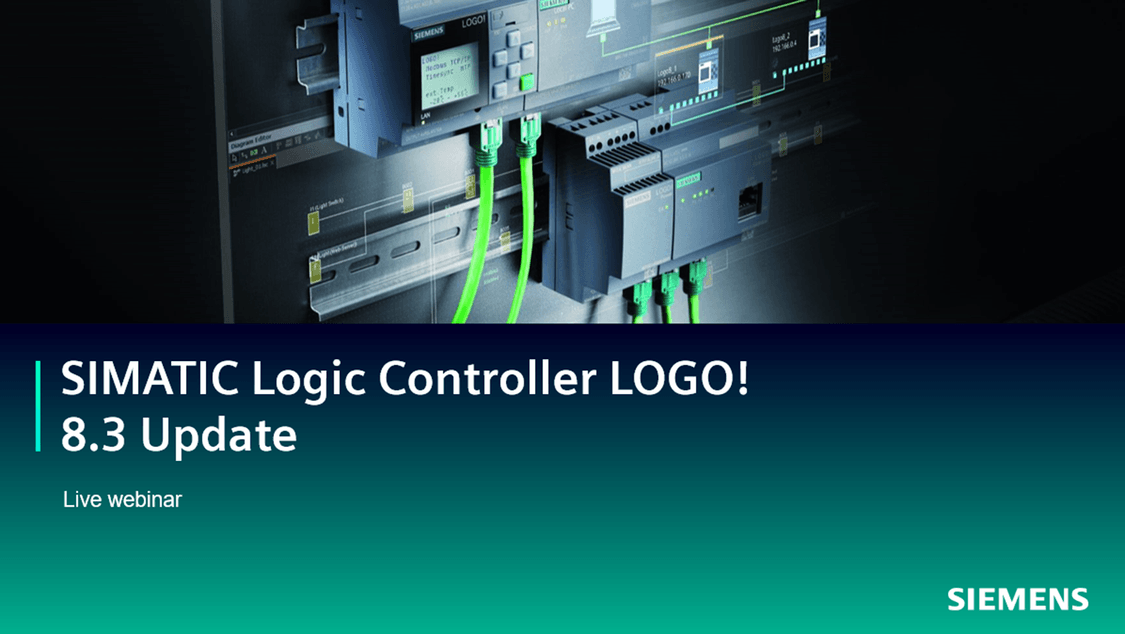 Image depicts Siemens LOGO controller. Text reads SIMATIC Logic Controller LOGO! 8.3 Update - live webinar from Siemens 