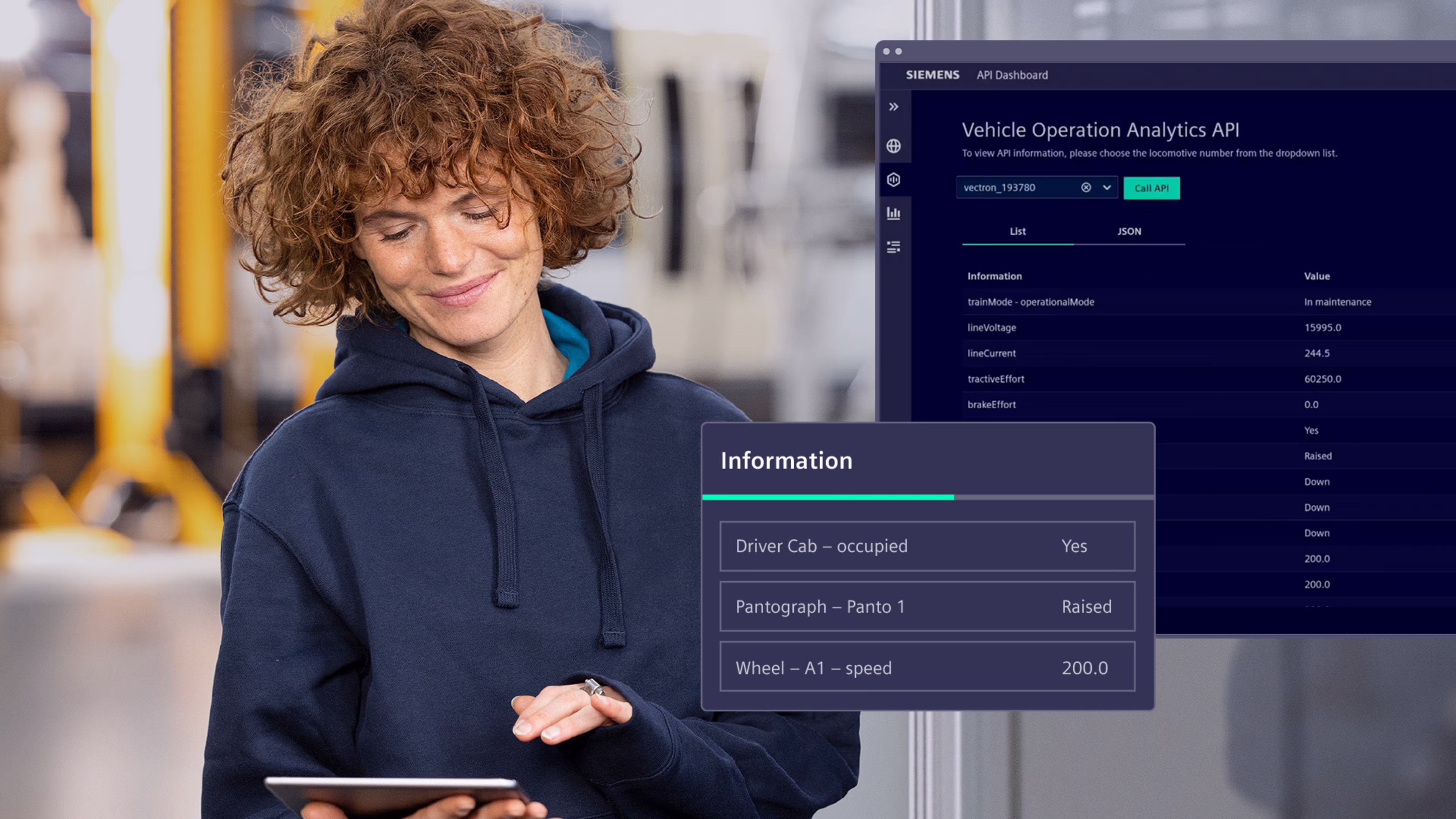 Eine Frau schaut auf ein Tablet, das sie hält. Neben ihr sind Screenshots aus einer App zu sehen. siemens-mobility-vectron-x-produkt-bundle-data-processing-apis