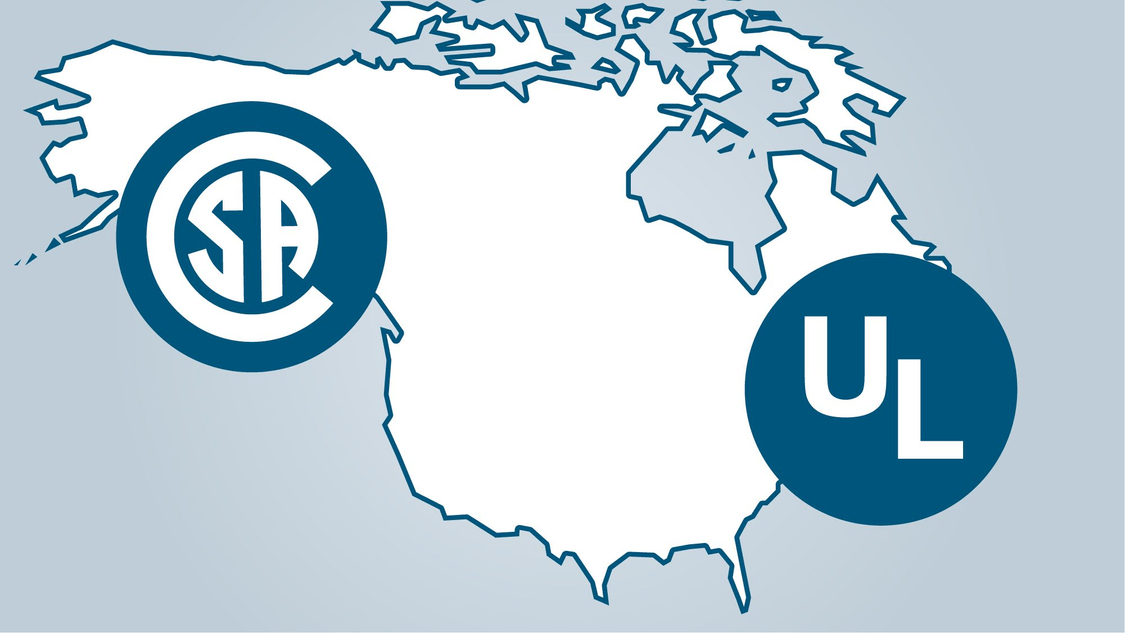 Map van Noord-Amerika met UL- and CSA-logos