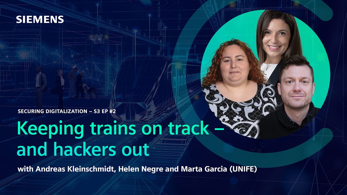 Titelbild des Podcasts "Keeping trains on track " mit den Gesichtern der drei Moderatoren