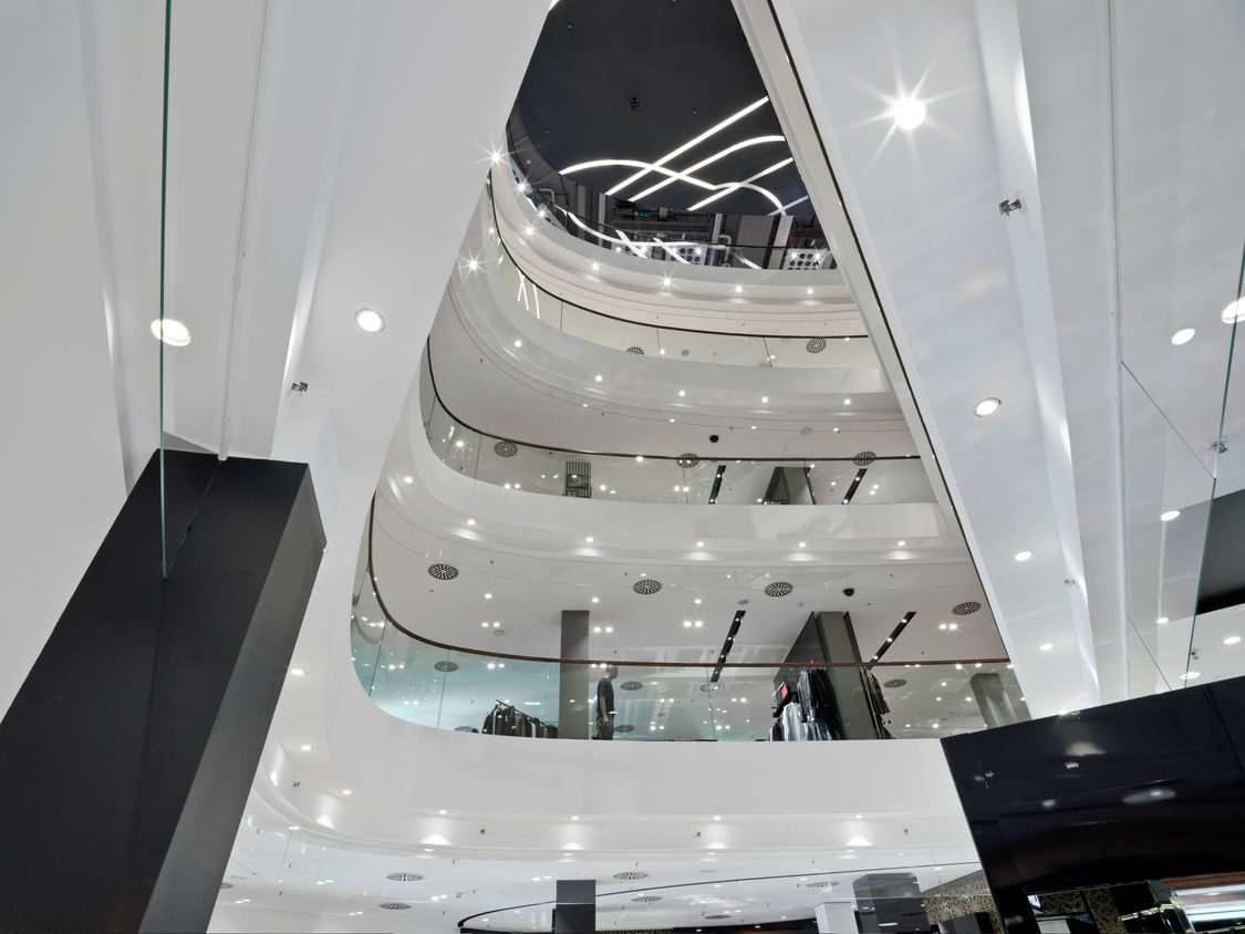 View from the ground floor to the upper stories of the Jelmoli Department Store in Zurich.