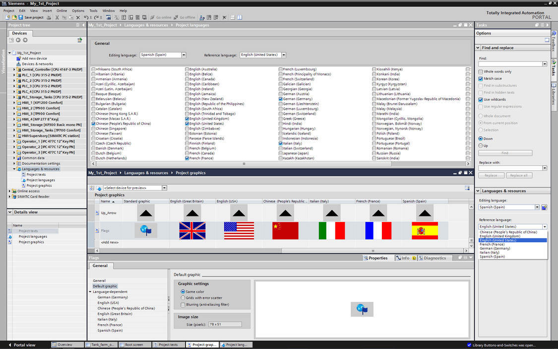 WinCC permits multi-language configuration in up to 32 languages