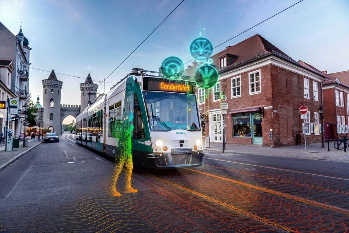 Eine intelligente, autonome Straßenbahn, in einer Stadt, demonstriert diesen Trend der Mobilität hin zum automatisierten Fahren