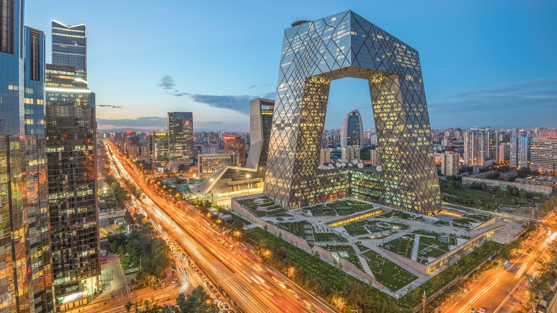 Futuristic building illuminated in the twilight