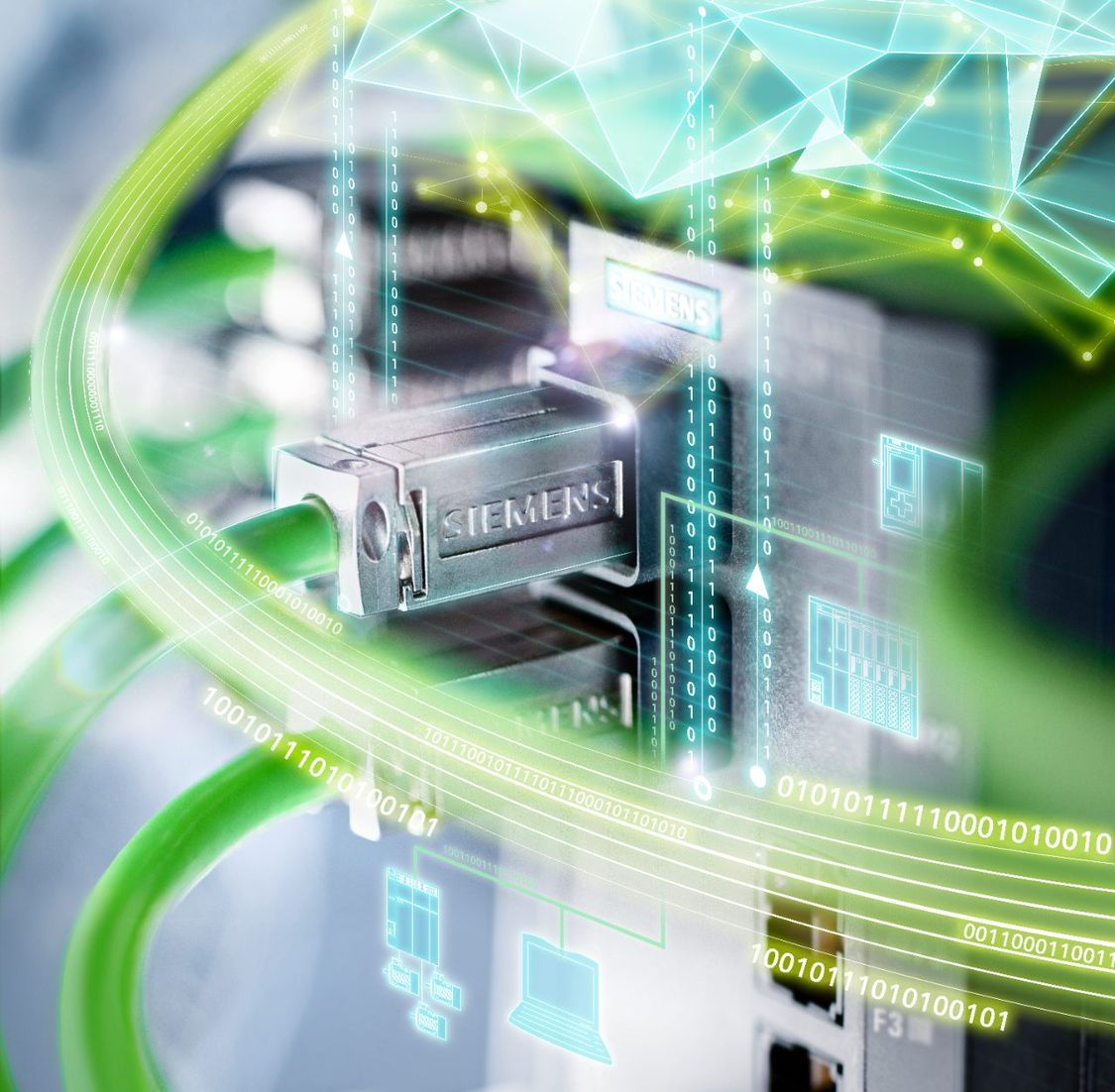 Close-up of green PROFINET cables. Some of them are plugged into hardware. The setting is  dramatized with a blurry green layer which visualizes the ubiquitous digitalization. 