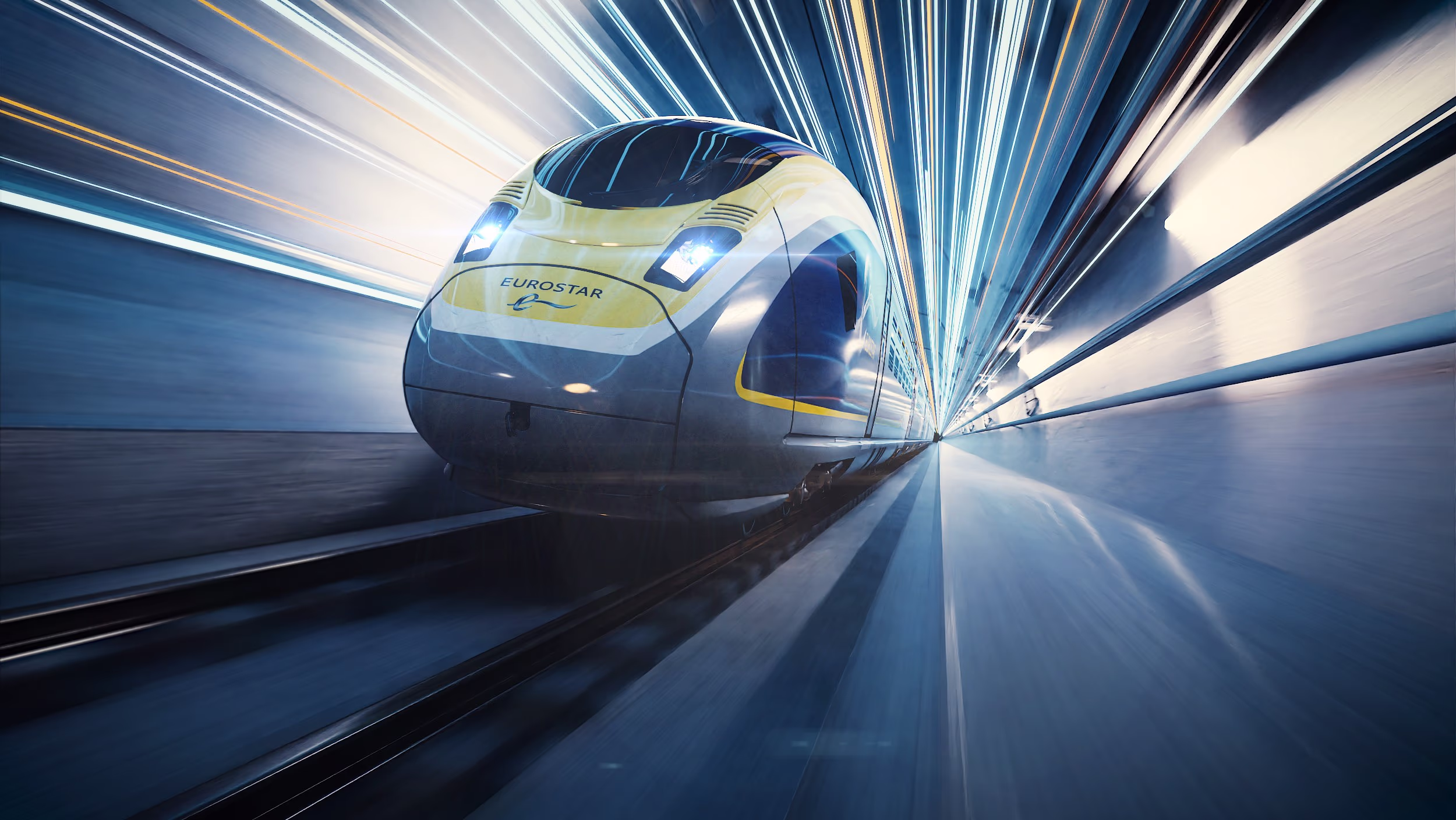Bild des Velaro Eurostar e320 von Siemens Mobility in Diagonalansicht bei der Fahrt in einem stilisierten, futuristischen Tunnel. Siemens Mobility Hochgeschwindigkeitsplattform Velaro