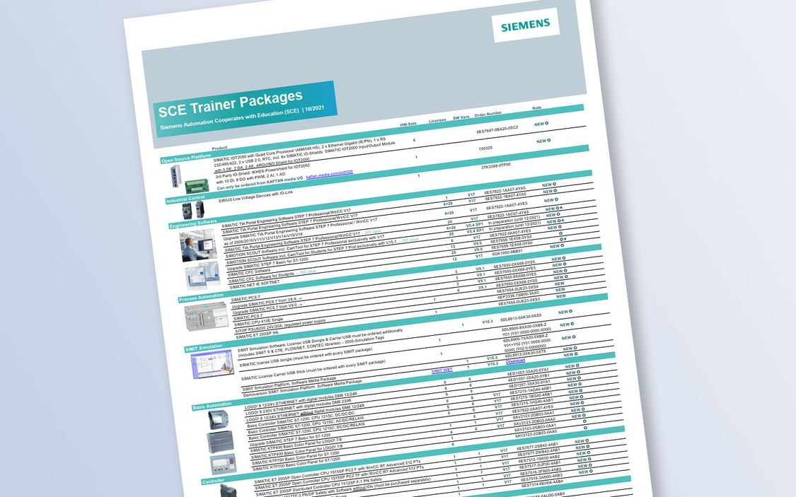 The list of SCE Trainer Packages contains preconfigured hardware and software packages priced for education