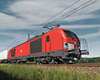 Picture of a Siemens Vectron Dual Mode light with shunting platform in red DB Cargo design.