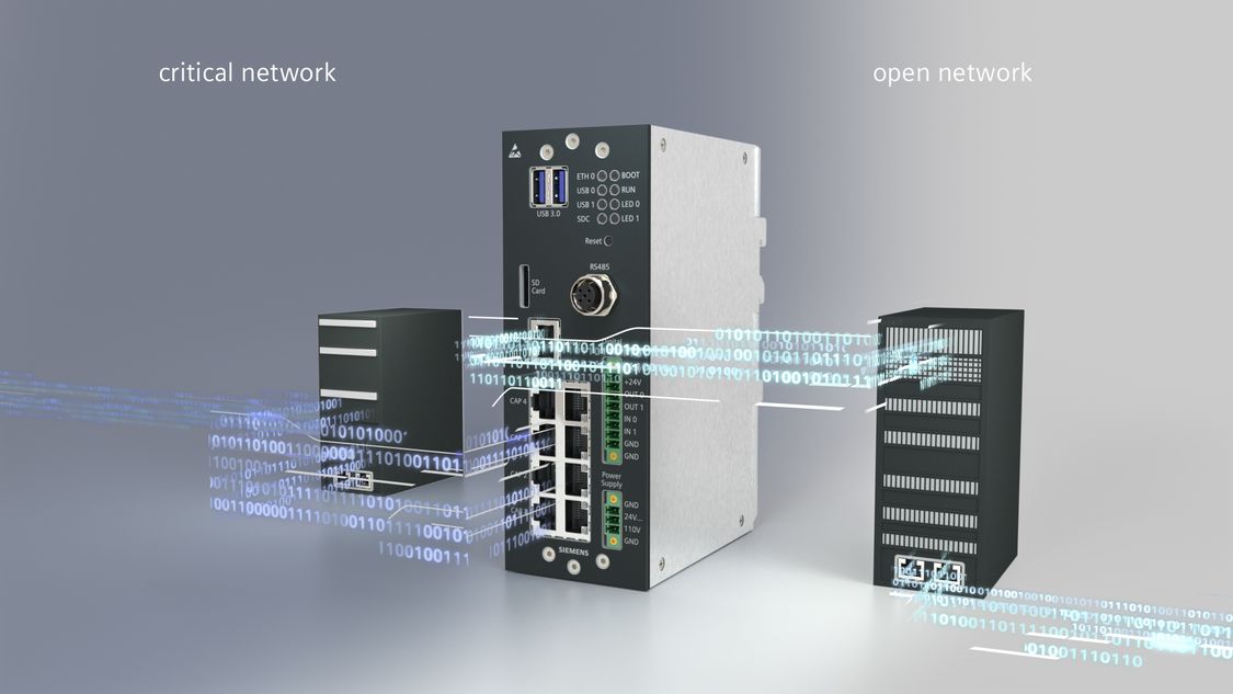 Ein Produktfoto der Siemens Data Capture Unit (DCU) mit digitalen Grafikelementen, wie dem Binärcode, gibt eine Antwort auf die Herausforderungen der Digitalisierung der Mobilität