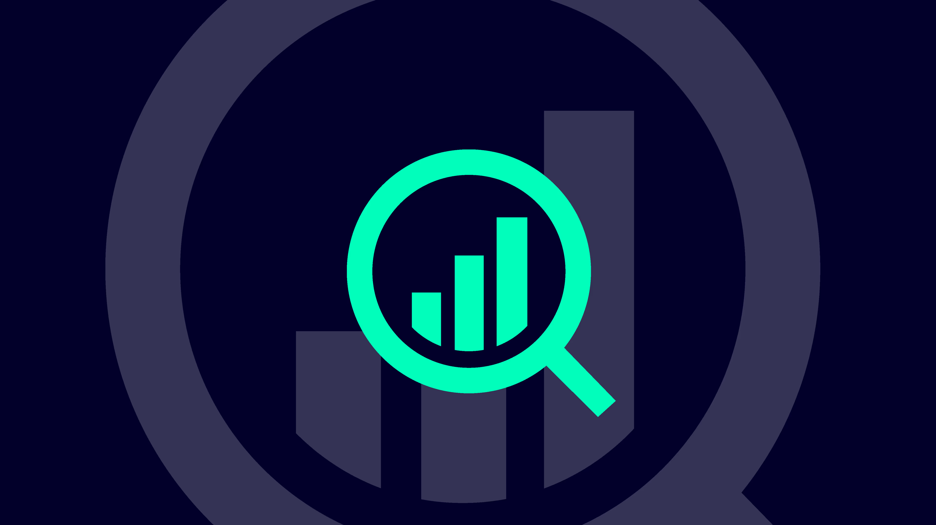 Neon green magnifying glass over gray bar chart on dark background