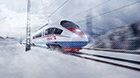 Picture of the Velaro RUS from Siemens Mobility in diagonal view driving over a snow-covered landscape.