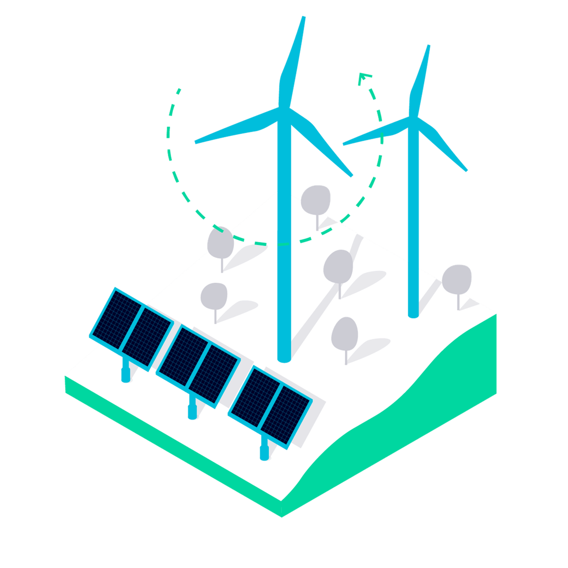 Grafik mit Solarpaneelen und Windenergieanlagen