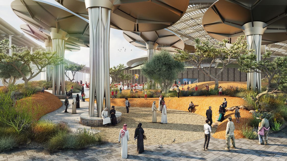 Darstellung der Außenansicht des Nachhaltigkeits-Pavillons für die Expo 2020.