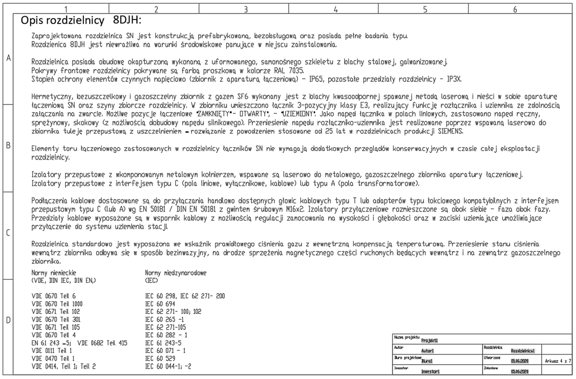 Arkusze z opisem rozdzielnicy 8DJH
