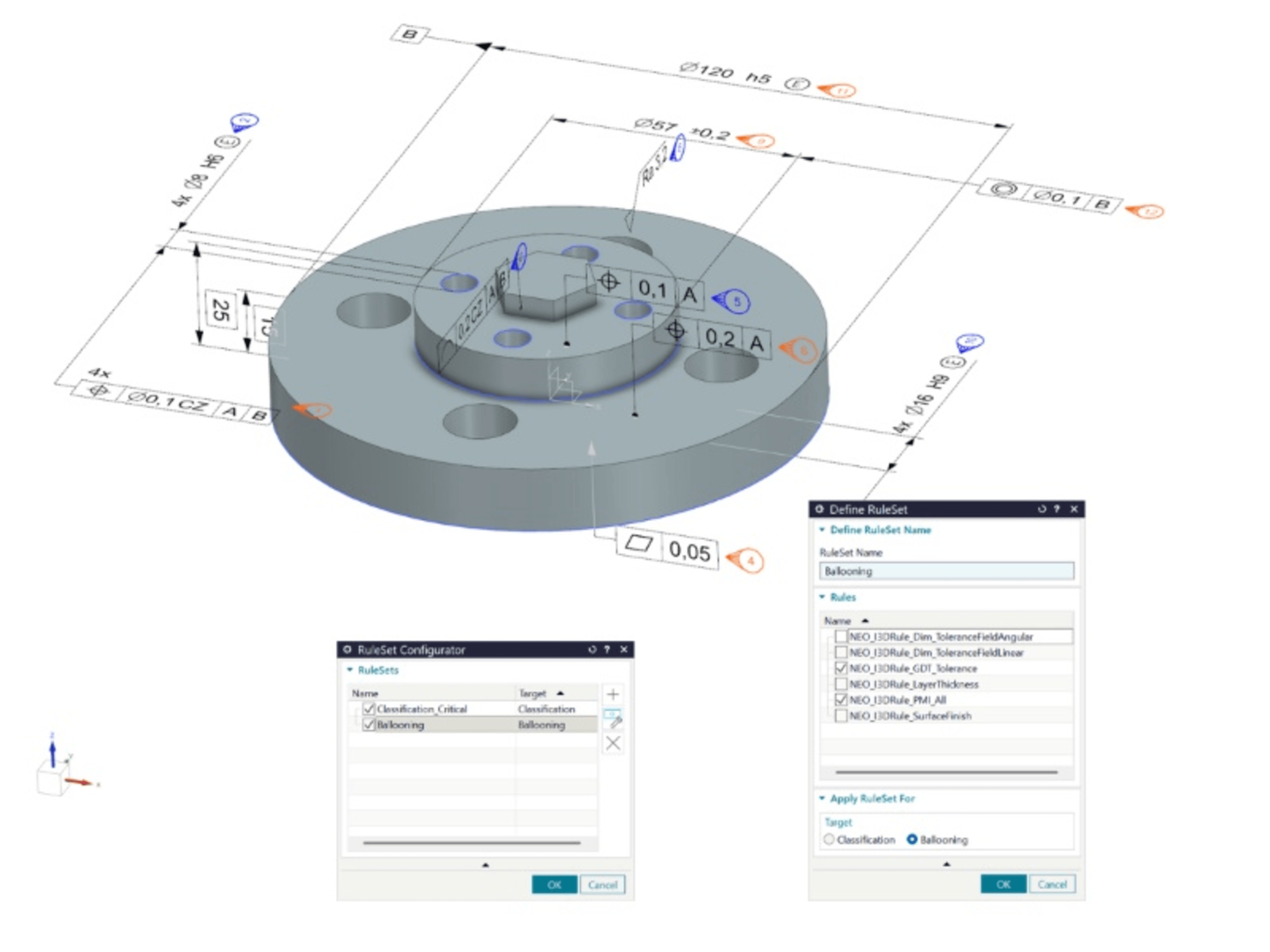 3D-CAD-malli mittauksineen ja asetuksineen