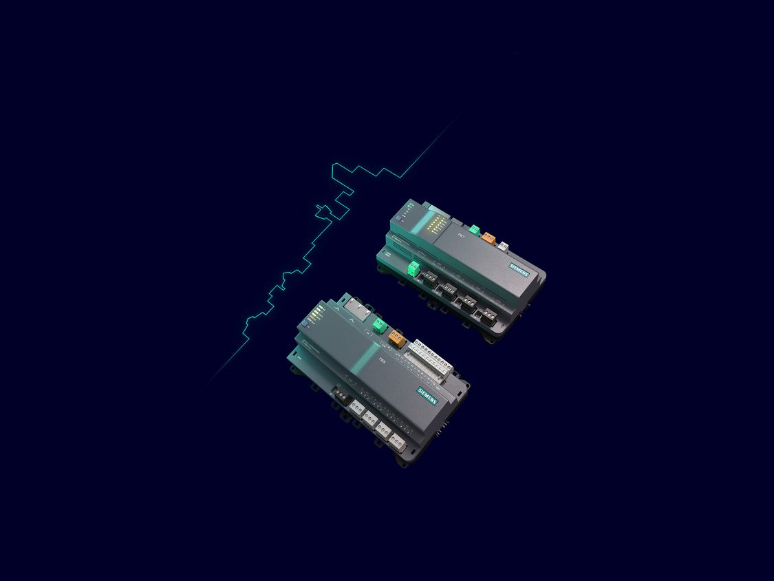 Two building automation controllers on a dark background with a traced skyline behind them representing small-to-large building capabilities